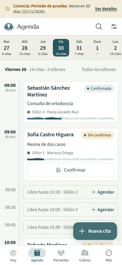 La agenda del viernes 30 en un teléfono: arriba, los días de la semana con sus citas; abajo, las citas en orden de hora. A las 9:00, Sofía Castro Higuera, resina de dos caras, Sillón 1 con Mariana Ortega, sin confirmar, con el botón Confirmar por WhatsApp; y los huecos libres de los otros sillones.